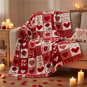 Valentine Flannel Blanket Throw, Plaid Love Hearts Roses Soft Fuzzy 50" x 60"